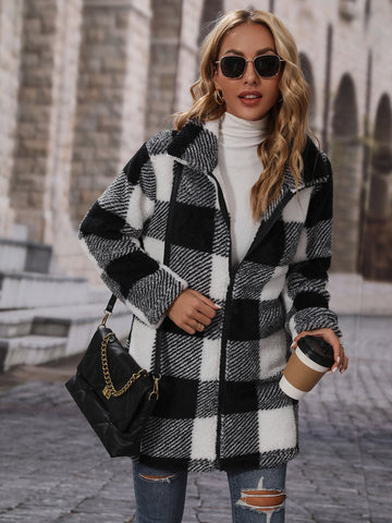 Woochic veste pour femmes en peluche zippé double face carreaux